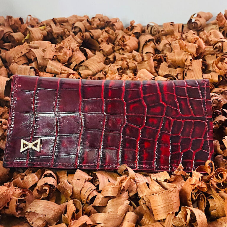 Wine Long Leather Wallet with Crocodile skin