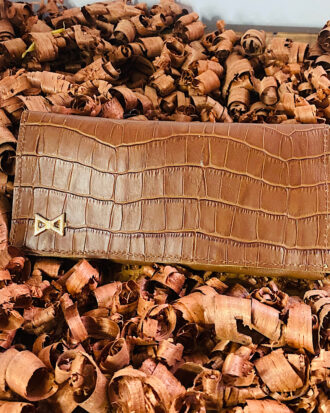 Tan Brown Long Leather Wallet with Crocodile skin