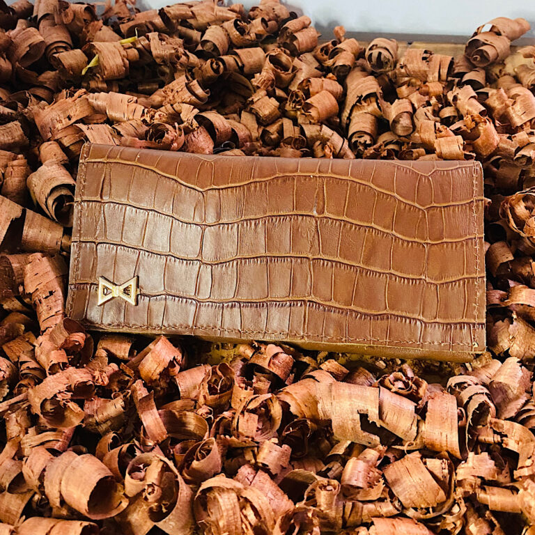 Tan Brown Long Leather Wallet with Crocodile skin