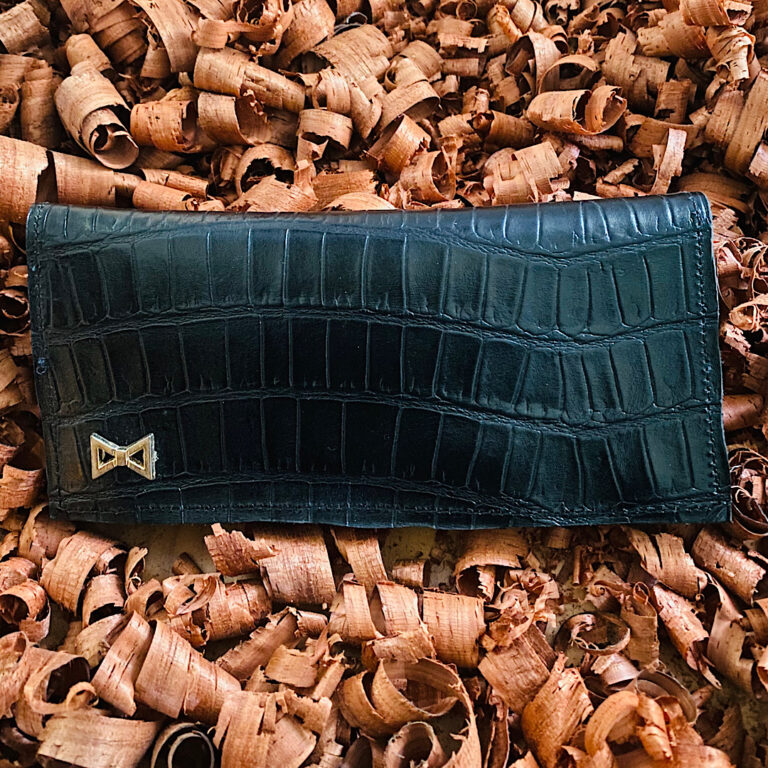 Black long leather Wallet Croc skin.