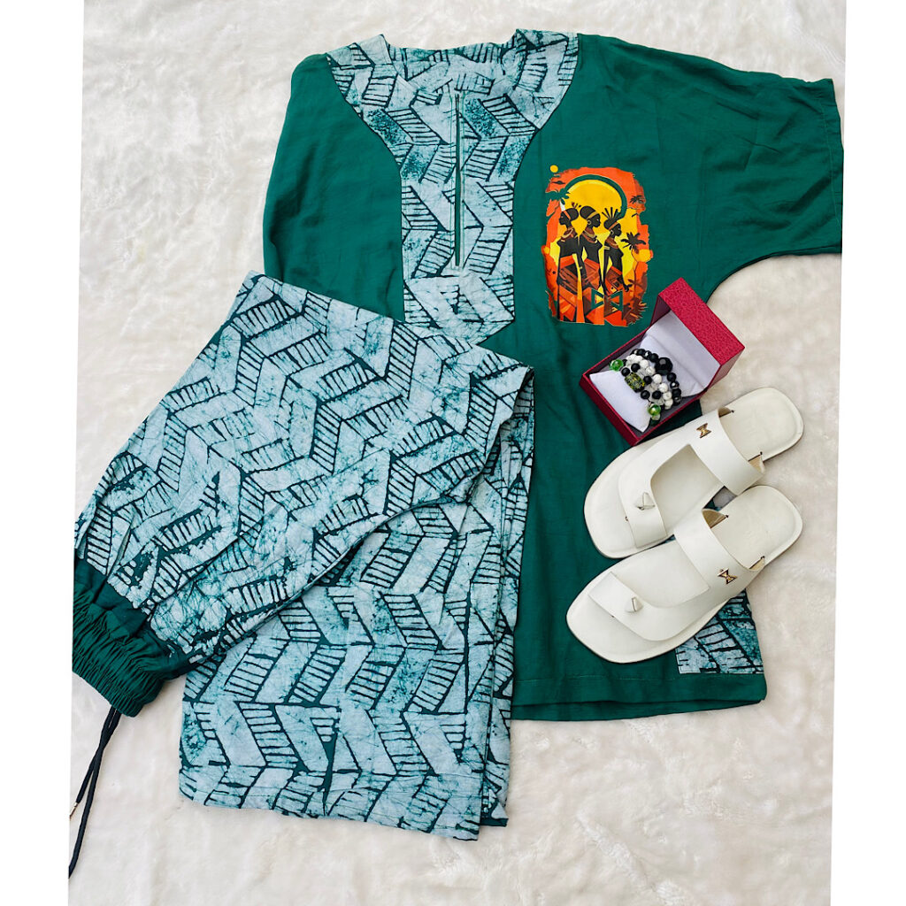 Green Adire Casual 2 piece Gift set with White Slippers and African Bracelet set